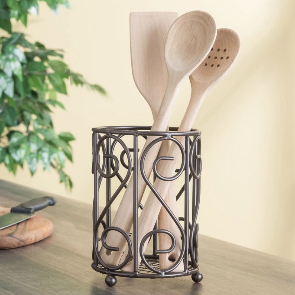 New Bronze Steel Cutlery Holder With Mesh Bottom & Non Skid Feet, Utensil Holder